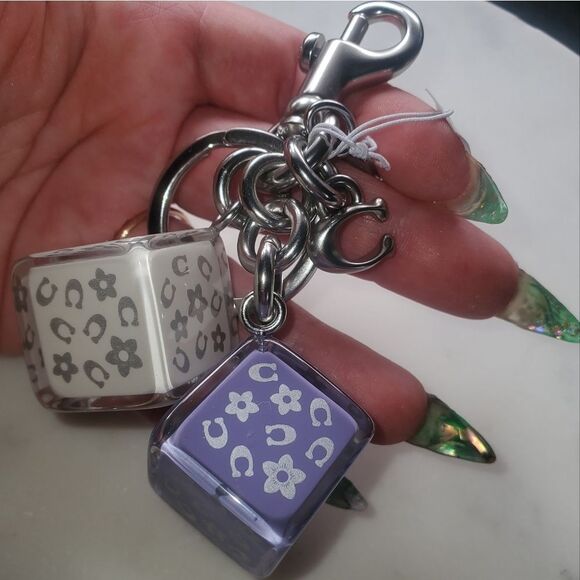 Coach Floral Cube/Dice Keychain Bag Charm in Lavender and Silver - Picture 2 of 8